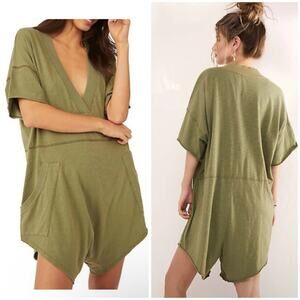 Free People Intimately FP Olive Green Deep V Slouchy Romper S Short Pockets